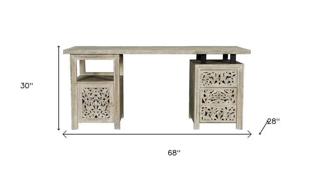 68" Gray Solid Wood Writing Desk With Three Drawers - NOBLE HOME INTERIORS