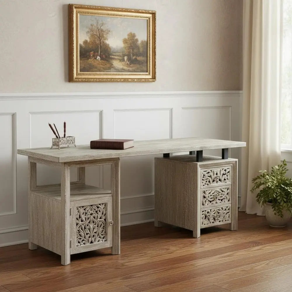 68" Gray Solid Wood Writing Desk With Three Drawers - NOBLE HOME INTERIORS