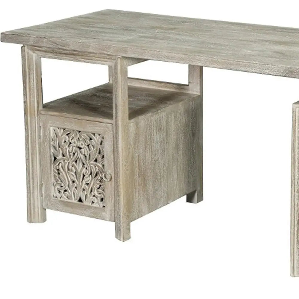 68" White Solid Wood and Metal Carved Floral Desk With Three Drawers - NOBLE HOME INTERIORS