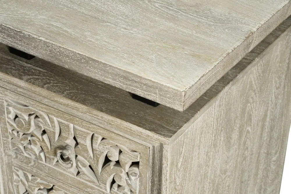 68" White Solid Wood and Metal Carved Floral Desk With Three Drawers - NOBLE HOME INTERIORS