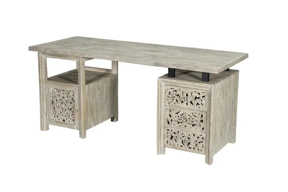 68" White Solid Wood and Metal Carved Floral Desk With Three Drawers - NOBLE HOME INTERIORS