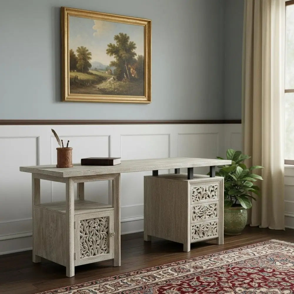 68" White Solid Wood and Metal Carved Floral Desk With Three Drawers - NOBLE HOME INTERIORS