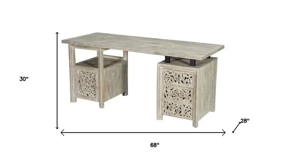 68" White Solid Wood and Metal Carved Floral Desk With Three Drawers - NOBLE HOME INTERIORS