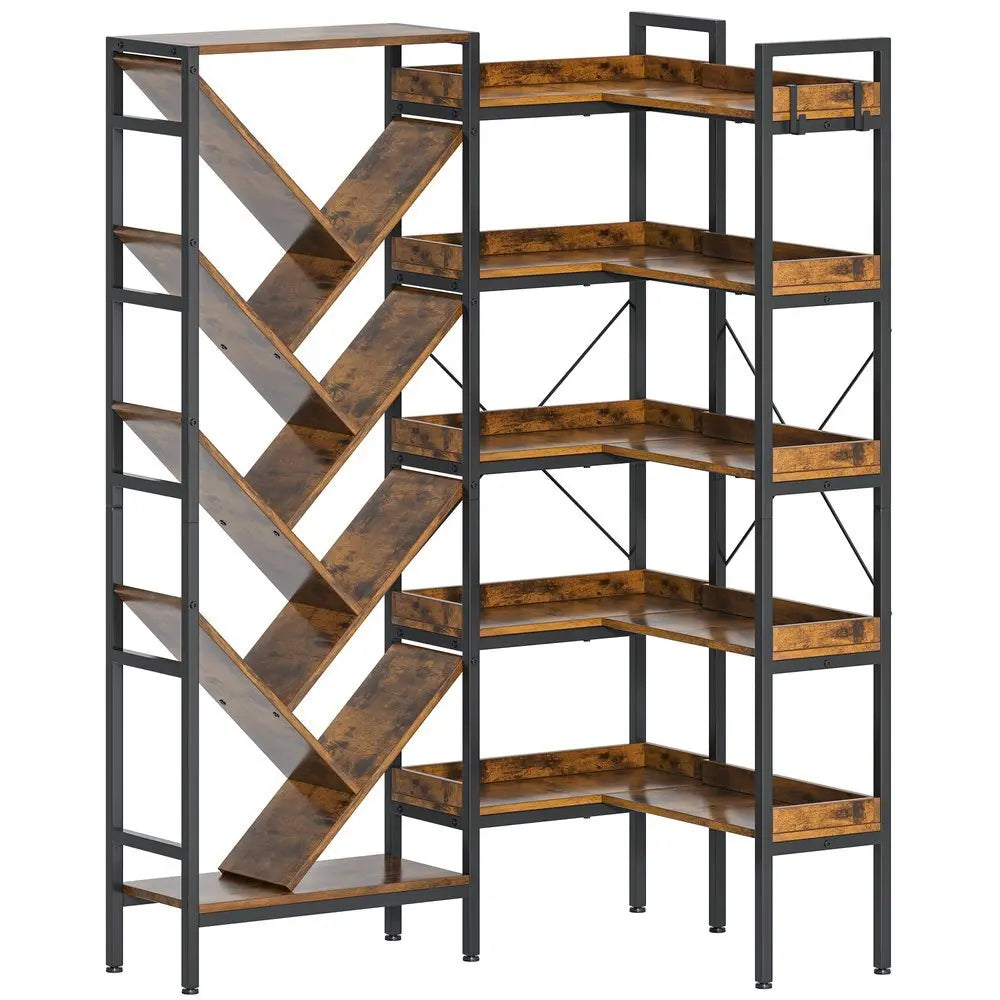 69" Brown And Black Wood And Metal Ten Tier Corner Bookcase - NOBLE HOME INTERIORS