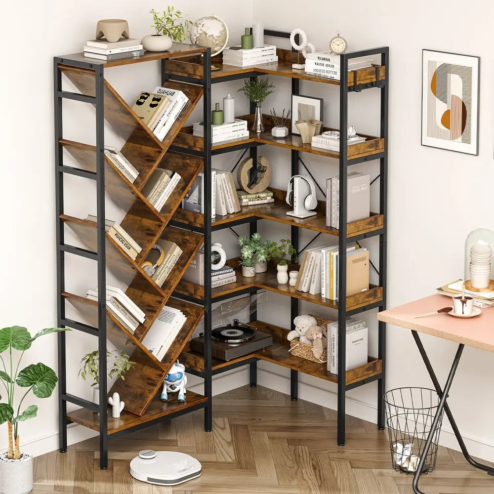 69" Brown And Black Wood And Metal Ten Tier Corner Bookcase - NOBLE HOME INTERIORS