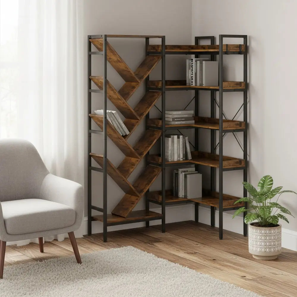 69" Brown And Black Wood And Metal Ten Tier Corner Bookcase - NOBLE HOME INTERIORS