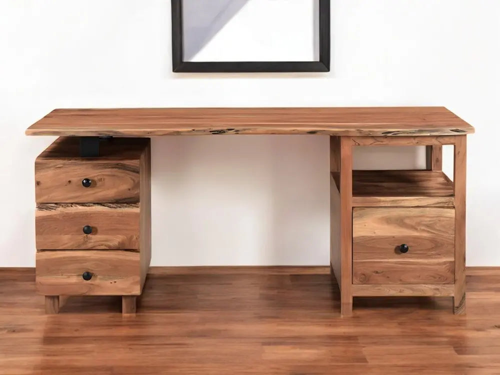 69" Brown Live Edge Solid Wood Writing Desk With Four Drawers - NOBLE HOME INTERIORS