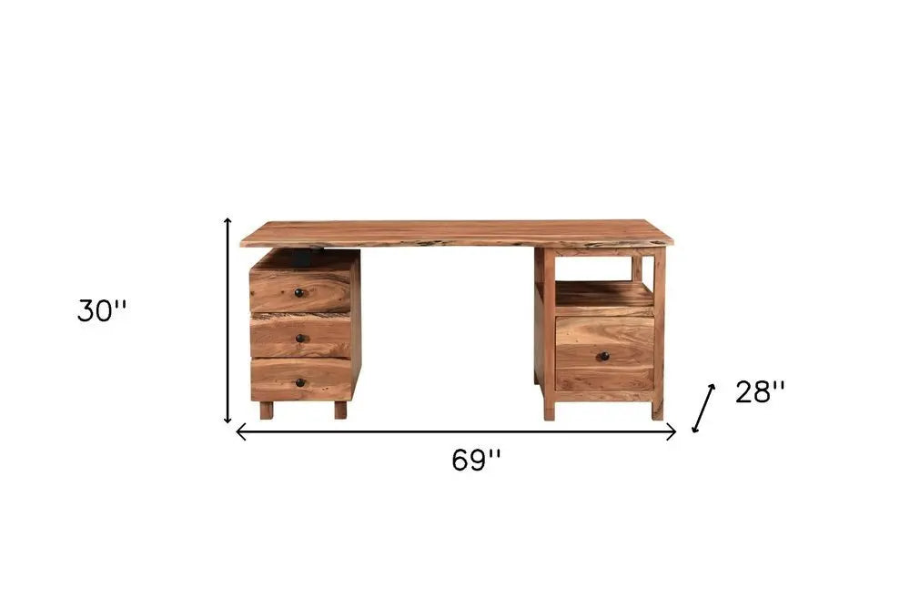 69" Brown Live Edge Solid Wood Writing Desk With Four Drawers - NOBLE HOME INTERIORS