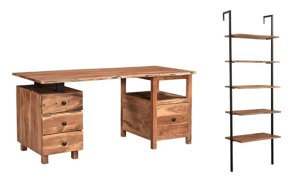 69" Brown Solid Wood Wall Mounted Writing Desk and Bookshelf Set With Four Drawers - NOBLE HOME INTERIORS