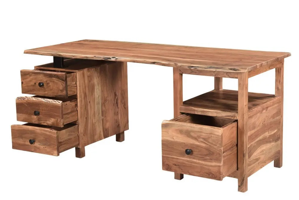 69" Brown Solid Wood Wall Mounted Writing Desk and Bookshelf Set With Four Drawers - NOBLE HOME INTERIORS