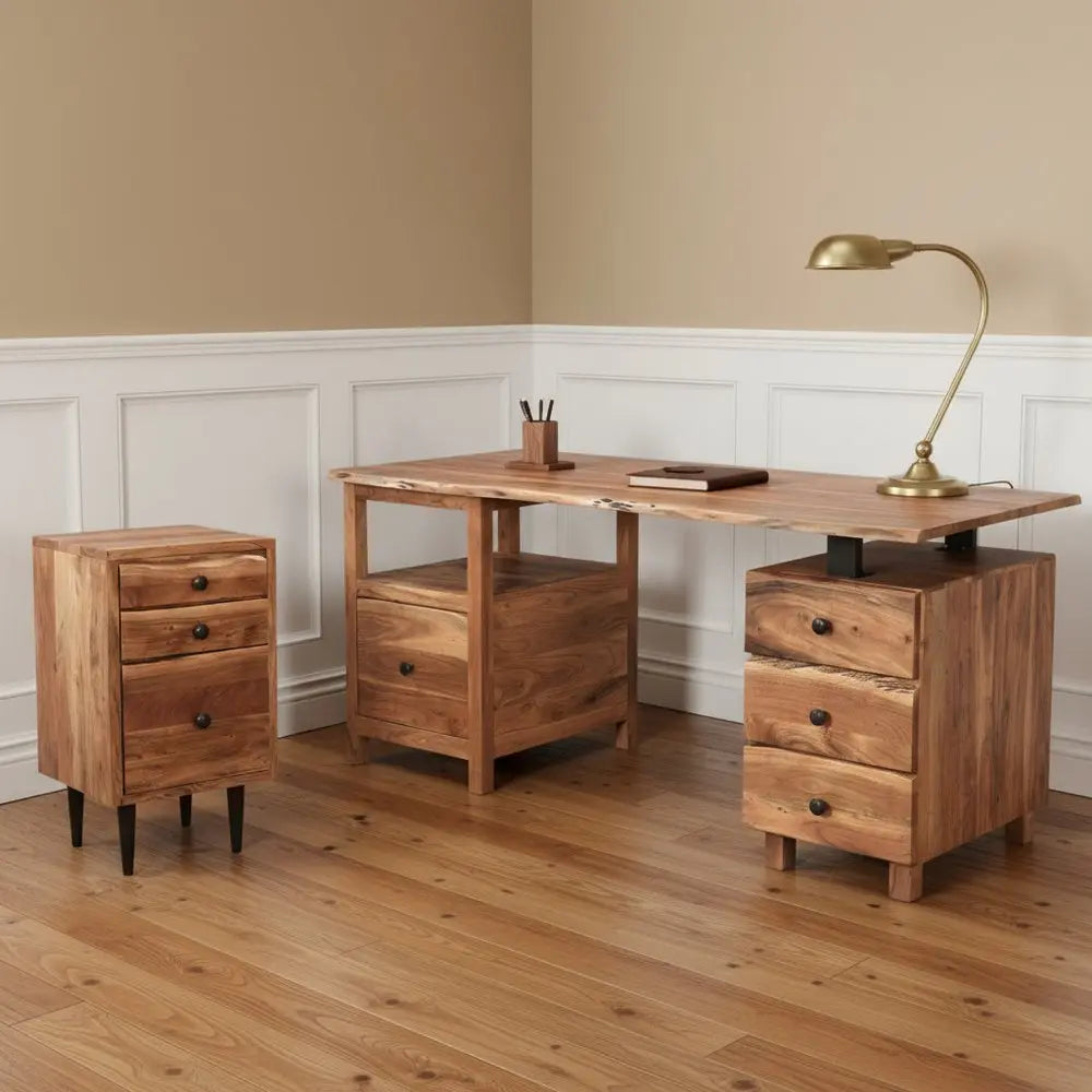 69" Brown Solid Wood Writing Desk and Bookshelf Set With Four Drawers - NOBLE HOME INTERIORS