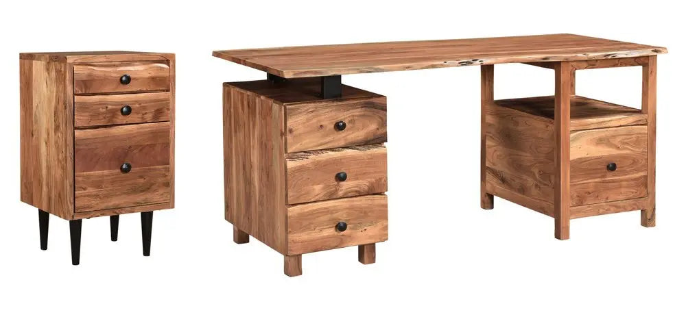 69" Brown Solid Wood Writing Desk and Bookshelf Set With Four Drawers - NOBLE HOME INTERIORS