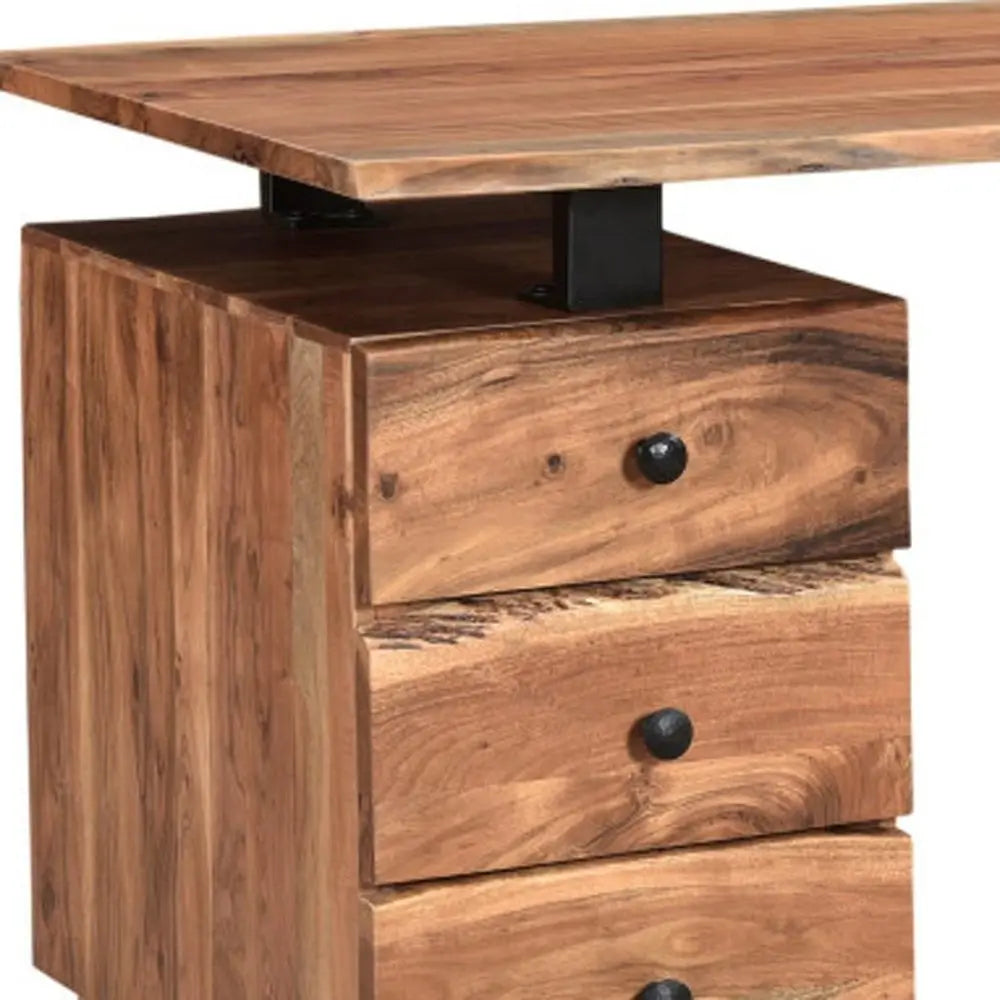 69" Brown Solid Wood Writing Desk and Bookshelf Set With Four Drawers - NOBLE HOME INTERIORS