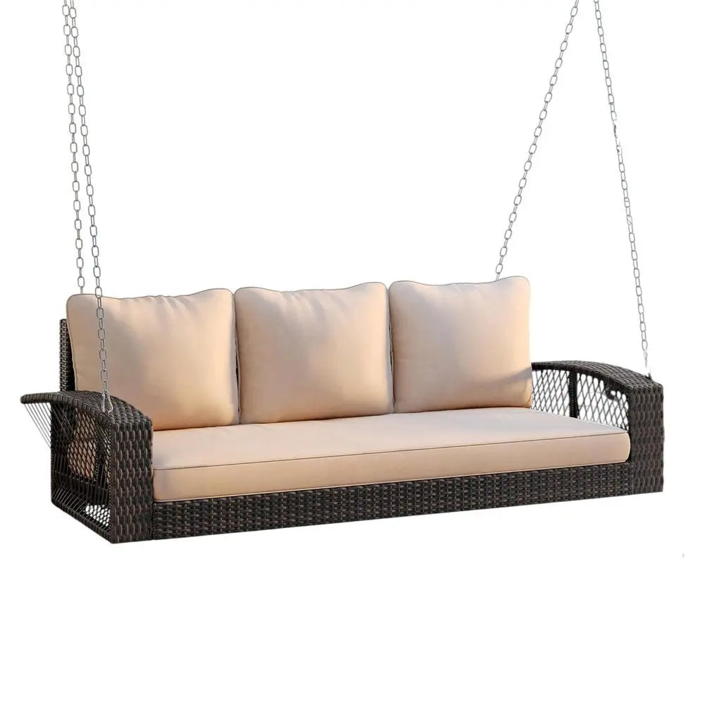 69" Brown Woven Rattan Outdoor Swing Chair with Beige Cushions - NOBLE HOME INTERIORS