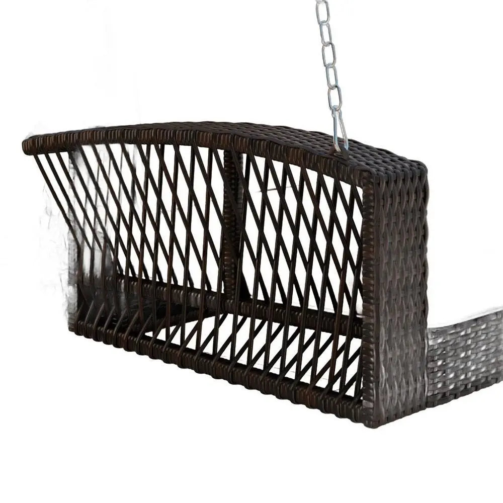 69" Brown Woven Rattan Outdoor Swing Chair with Beige Cushions - NOBLE HOME INTERIORS