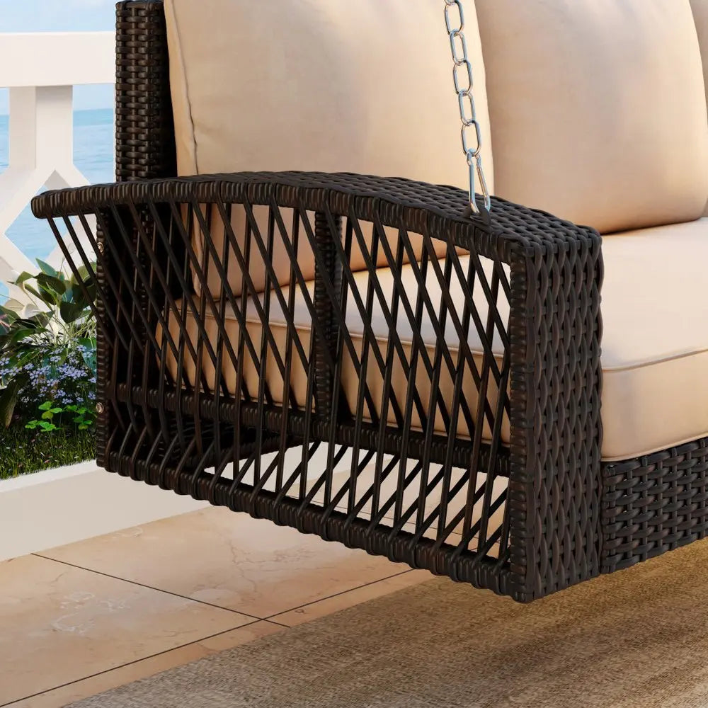 69" Brown Woven Rattan Outdoor Swing Chair with Beige Cushions - NOBLE HOME INTERIORS