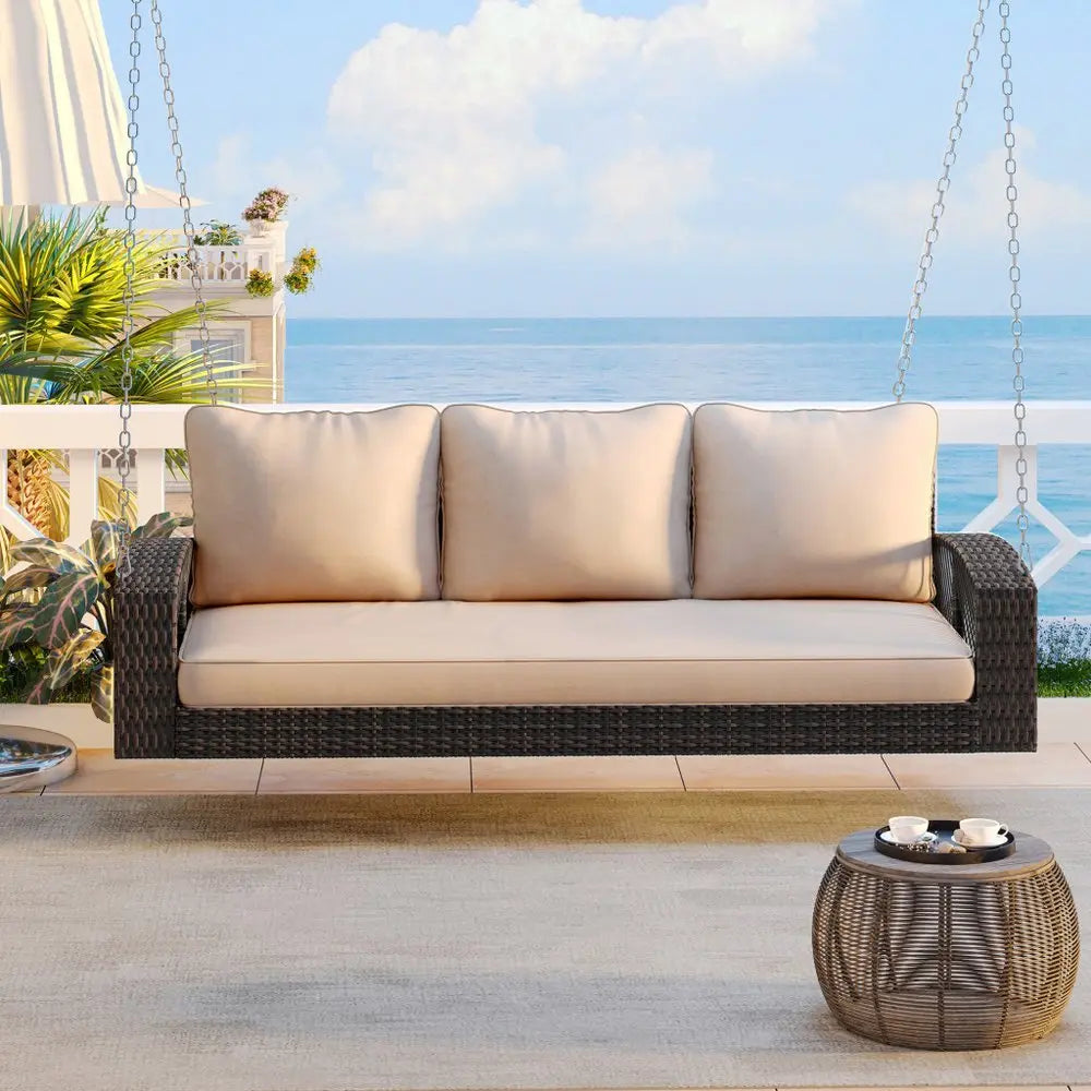 69" Brown Woven Rattan Outdoor Swing Chair with Beige Cushions - NOBLE HOME INTERIORS