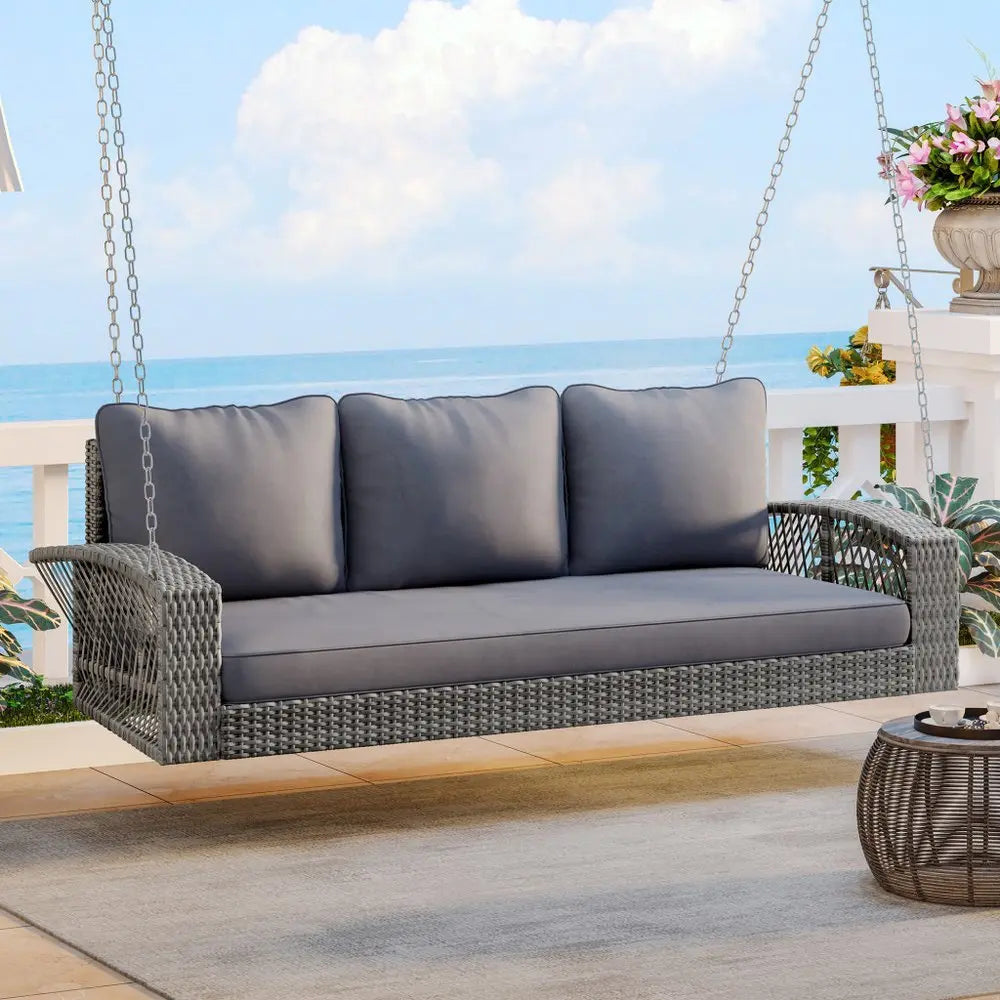 69" Gray Woven Rattan Outdoor Swing Chair with Gray Cushion - NOBLE HOME INTERIORS