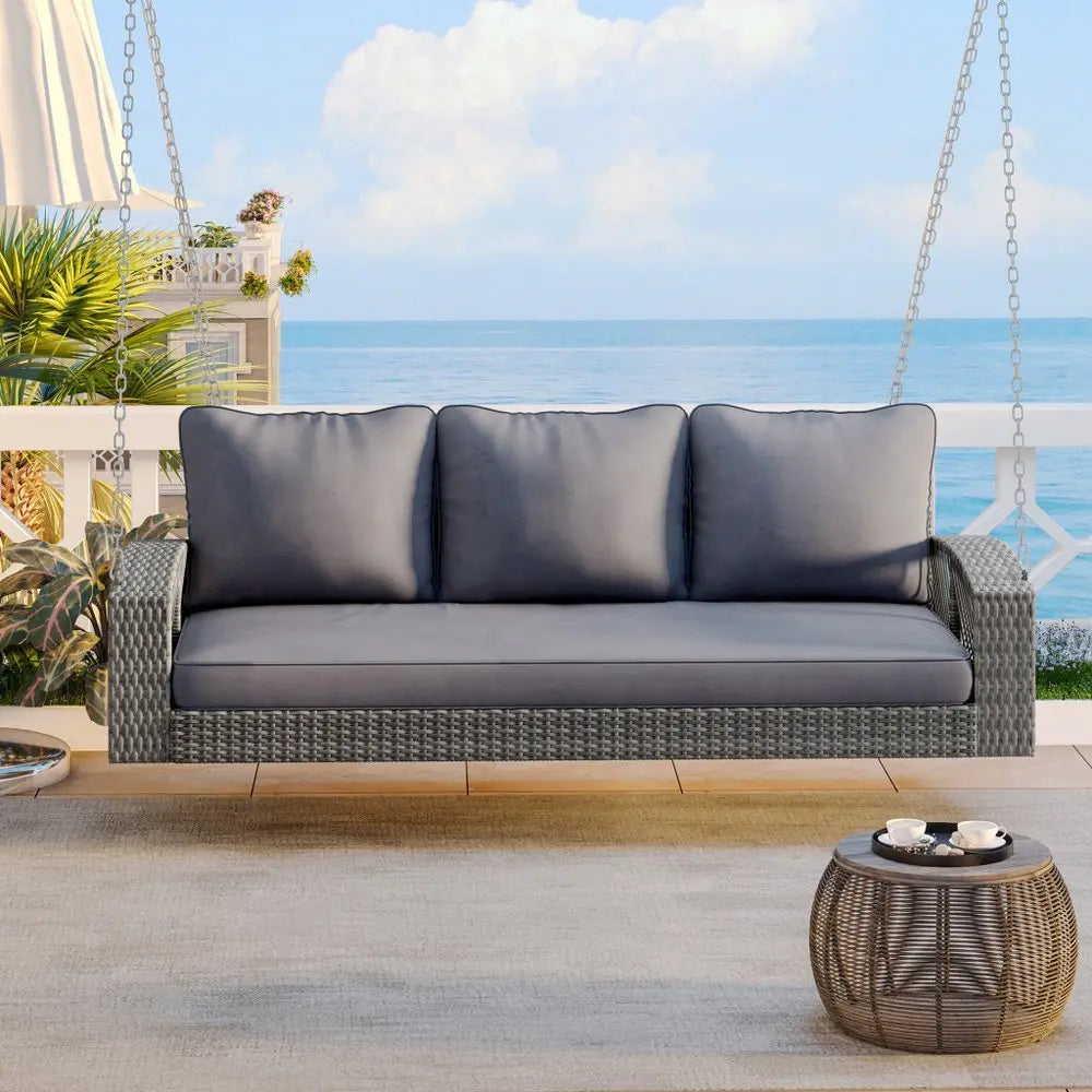 69" Gray Woven Rattan Outdoor Swing Chair with Gray Cushion - NOBLE HOME INTERIORS