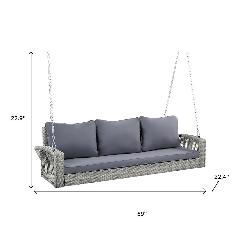 69" Gray Woven Rattan Outdoor Swing Chair with Gray Cushion - NOBLE HOME INTERIORS