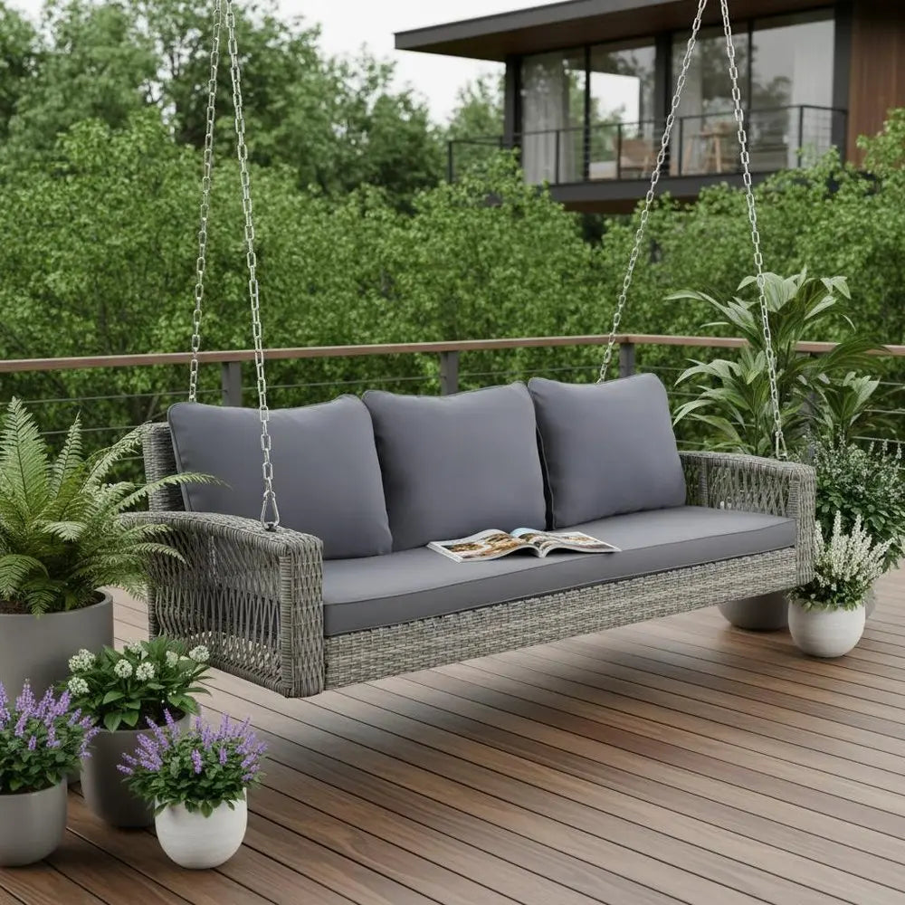 69" Gray Woven Rattan Outdoor Swing Chair with Gray Cushion - NOBLE HOME INTERIORS