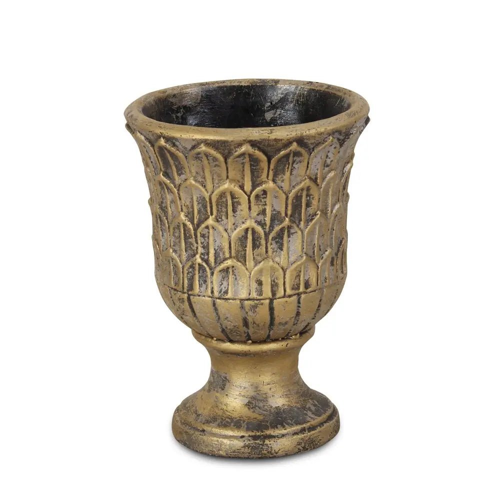 7" Antiqued Brass Textural Tone On Tone Cement Indoor Outdoor Round Urn Planter - NOBLE HOME INTERIORS