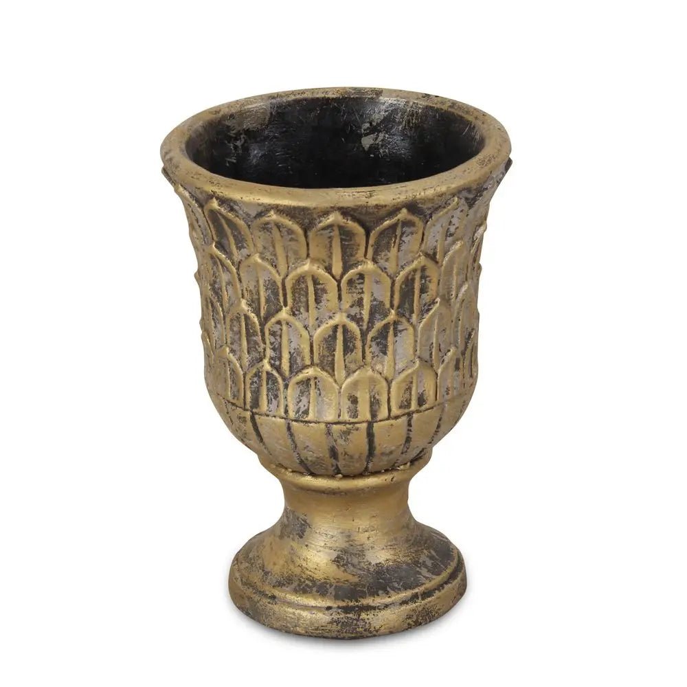7" Antiqued Brass Textural Tone On Tone Cement Indoor Outdoor Round Urn Planter - NOBLE HOME INTERIORS