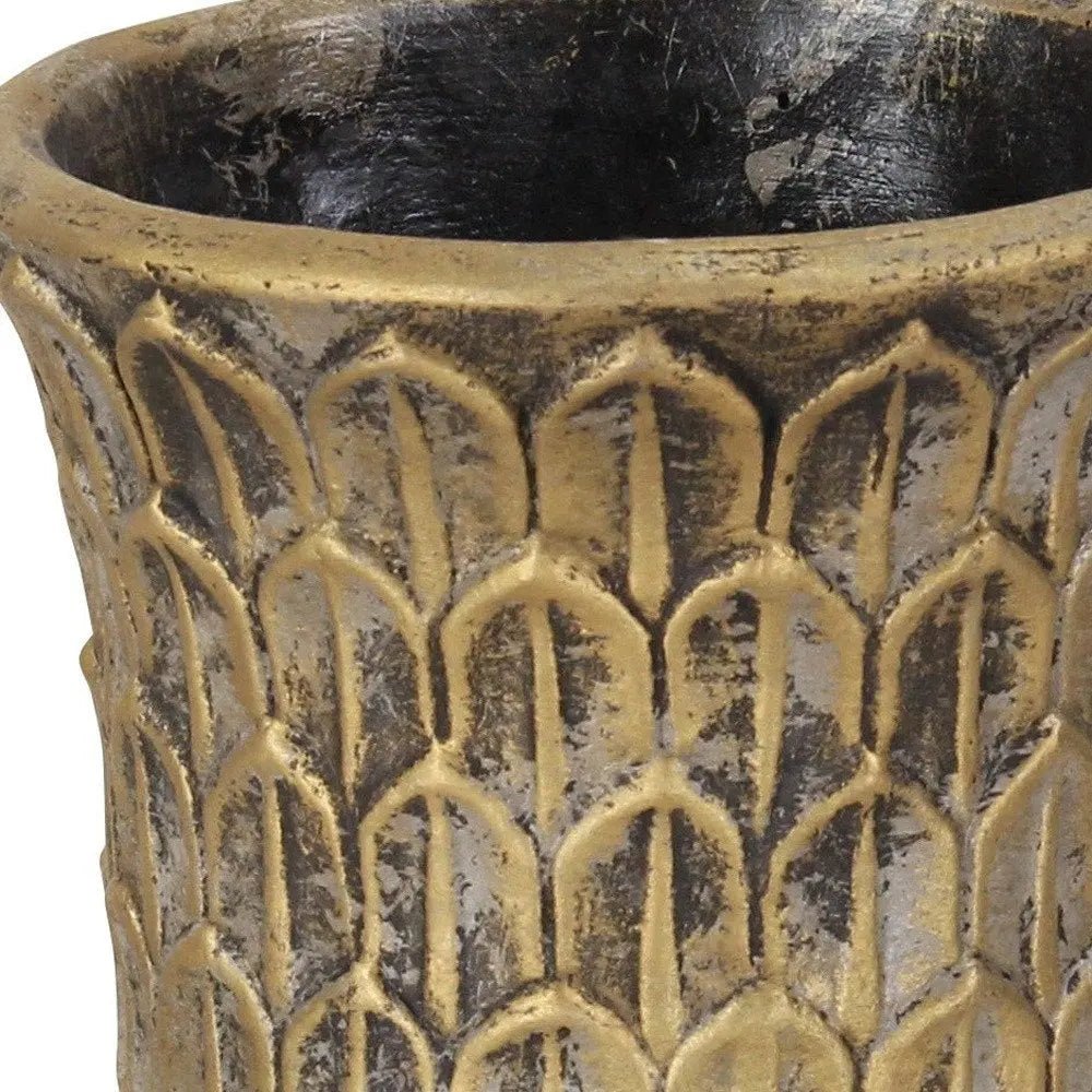7" Antiqued Brass Textural Tone On Tone Cement Indoor Outdoor Round Urn Planter - NOBLE HOME INTERIORS