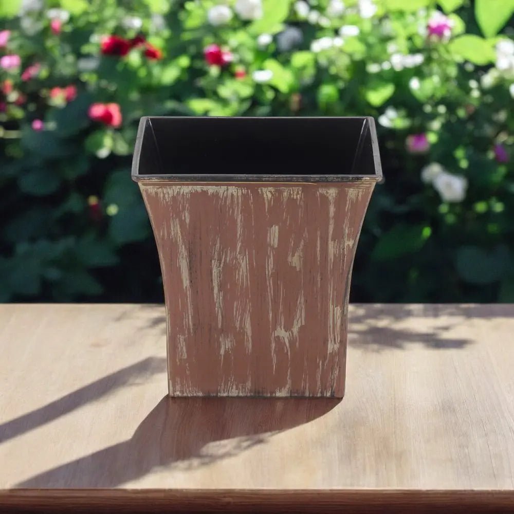7" Brown and Ivory Textural Tone On Tone Recycled Plastic Indoor Outdoor Square Pot Planter - NOBLE HOME INTERIORS