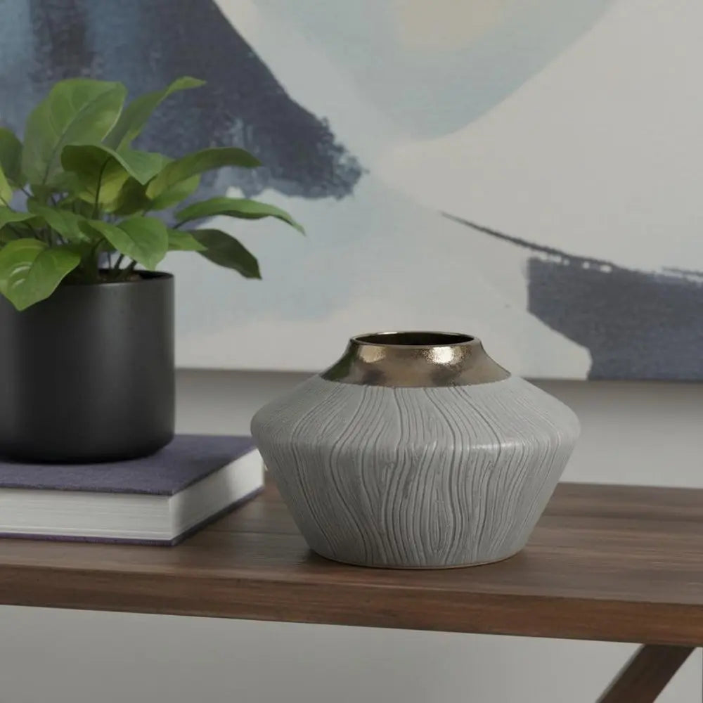 7" Brown Gold And Gray Round Ceramic Table Vase - NOBLE HOME INTERIORS