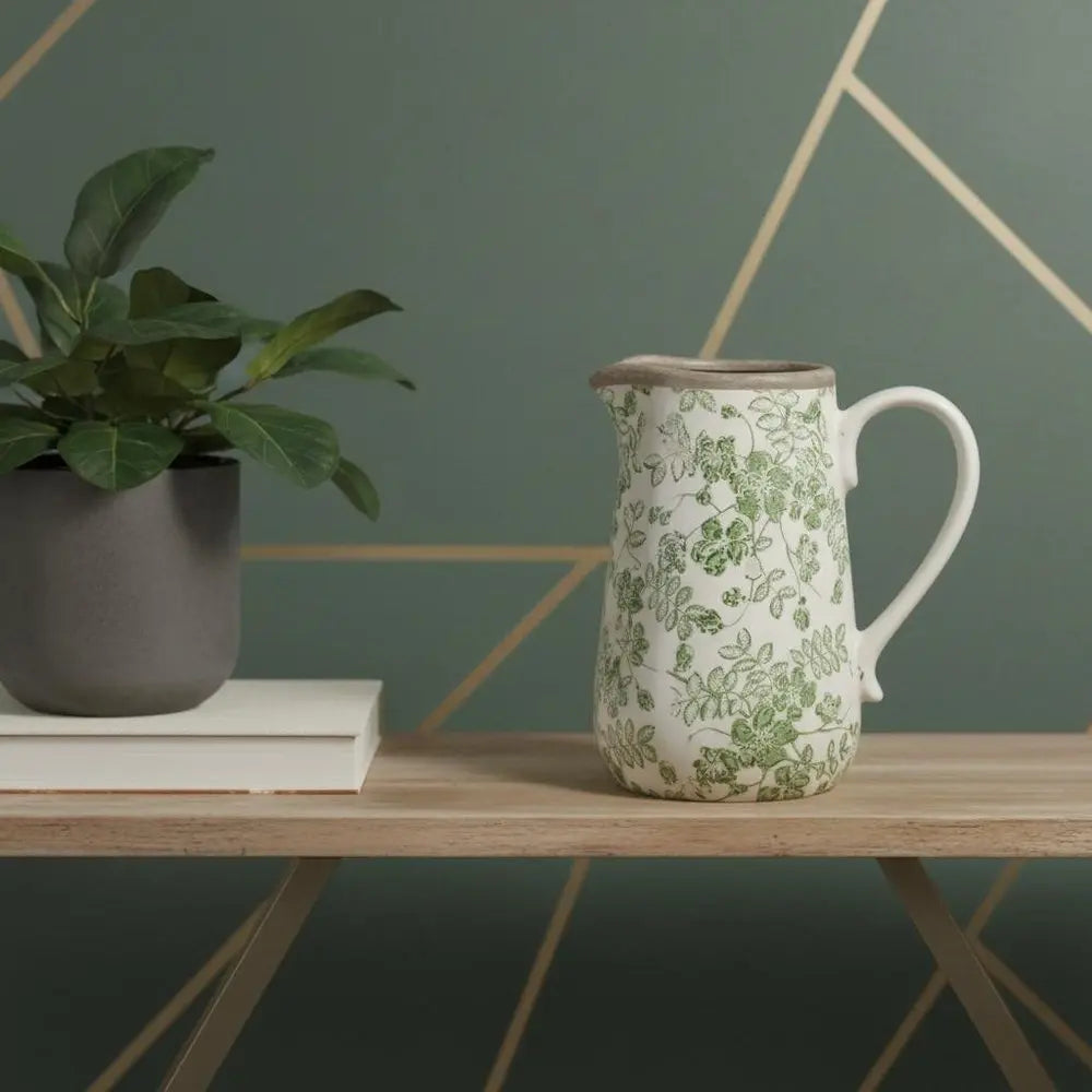 7" Green and White Leaf Round Ceramic Jug Vase With Does Not Apply - NOBLE HOME INTERIORS