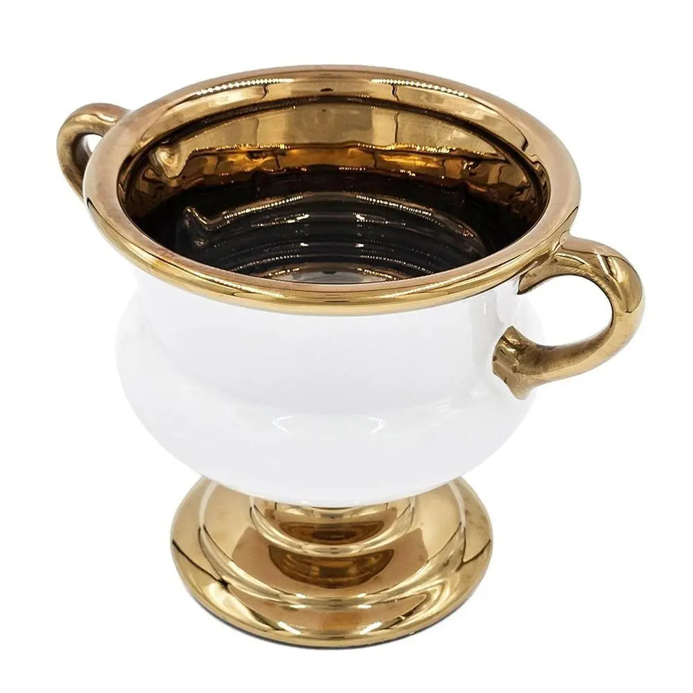 7" White And Gold Amphora Ceramic Urn - NOBLE HOME INTERIORS