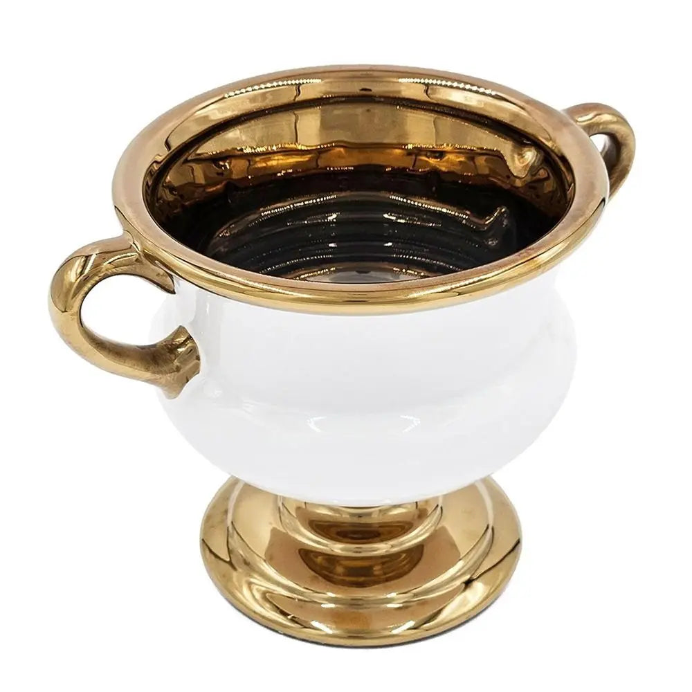 7" White And Gold Amphora Ceramic Urn - NOBLE HOME INTERIORS