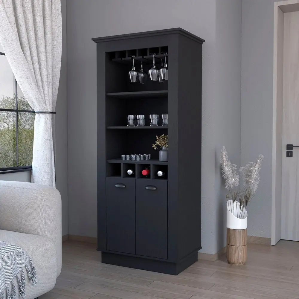 70" Black Bar Cabinet With Wine Storage - NOBLE HOME INTERIORS