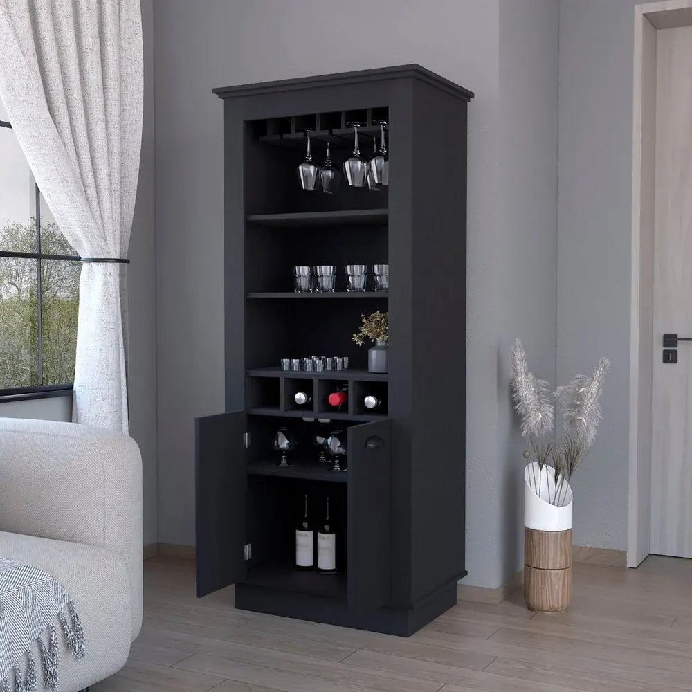 70" Black Bar Cabinet With Wine Storage - NOBLE HOME INTERIORS