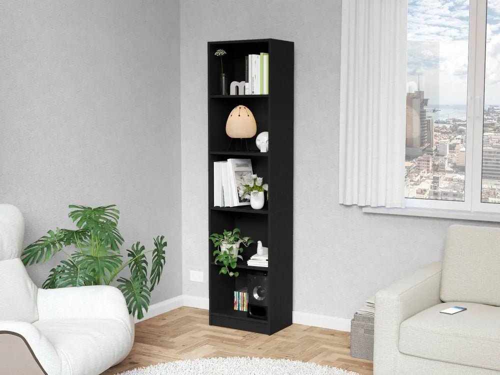 70" Black Wood Five Tier Bookcase - NOBLE HOME INTERIORS