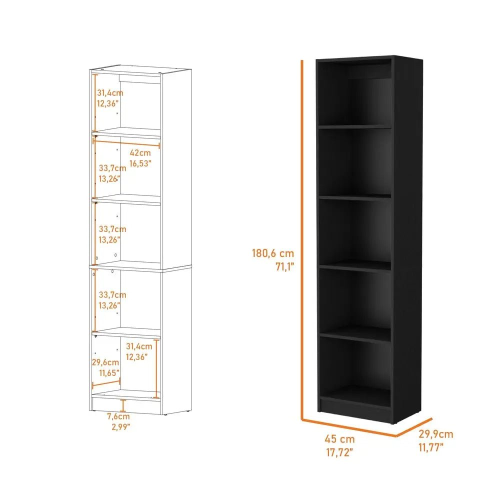 70" Black Wood Five Tier Bookcase - NOBLE HOME INTERIORS