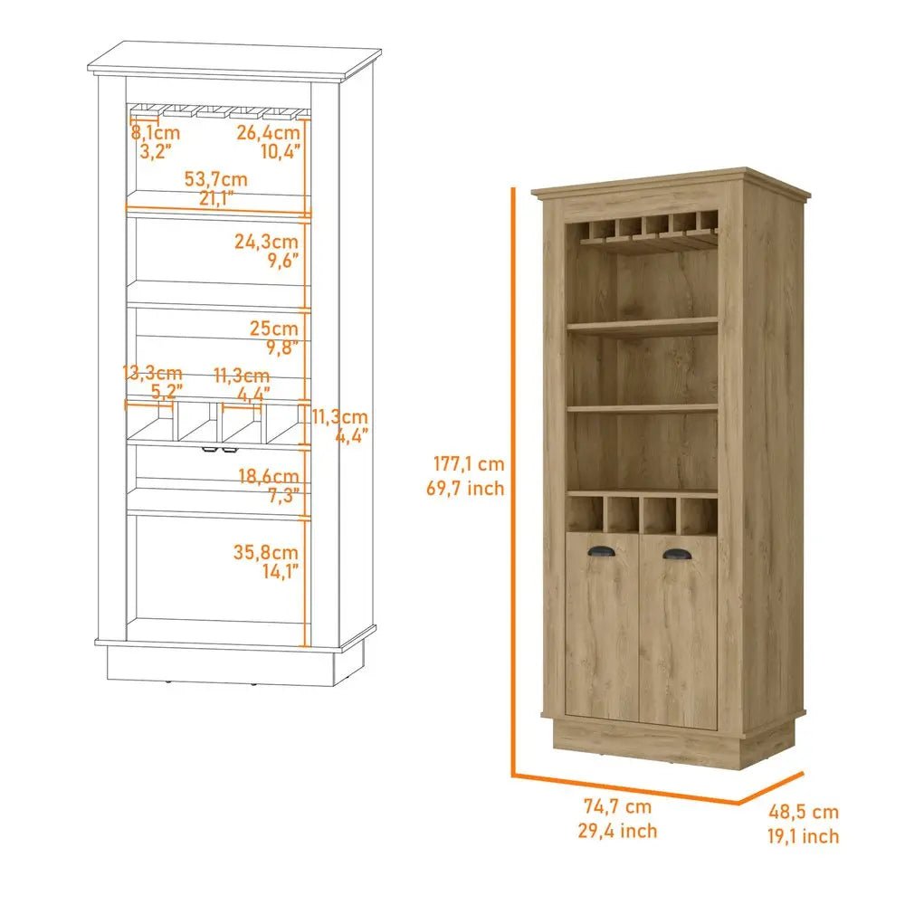 70" Brown Bar Cabinet With Wine Storage - NOBLE HOME INTERIORS