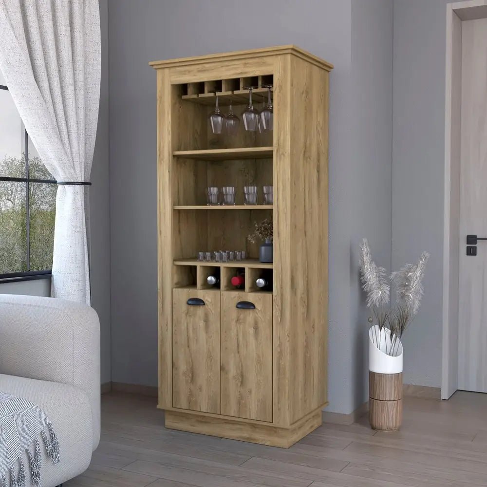 70" Brown Bar Cabinet With Wine Storage - NOBLE HOME INTERIORS