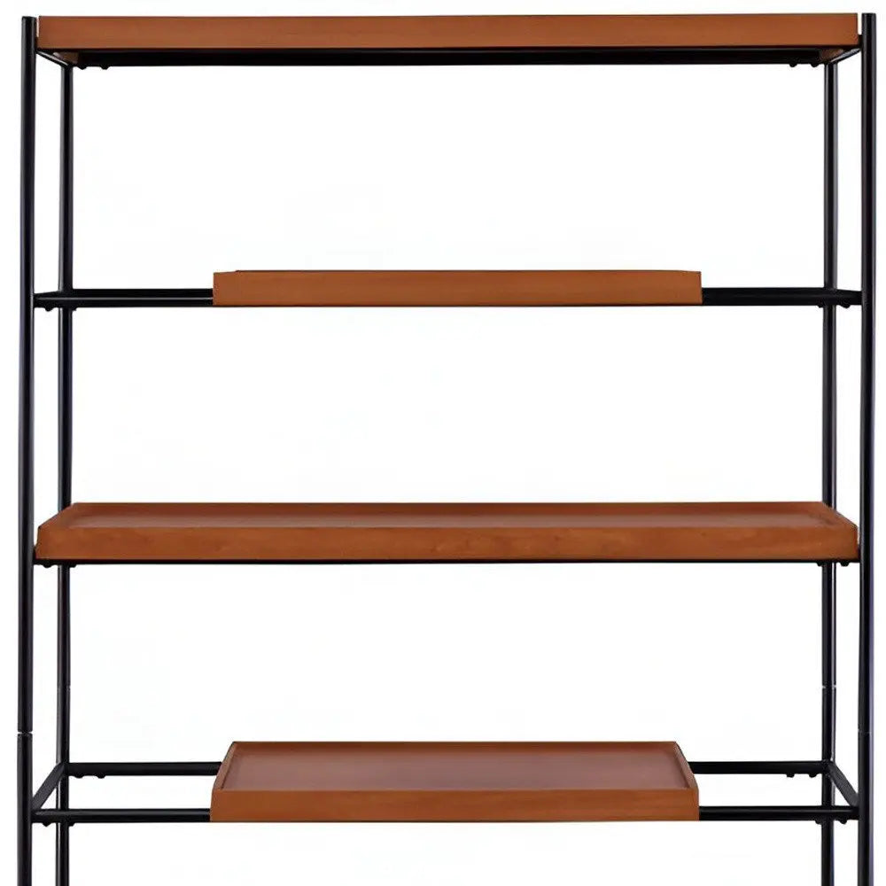 70" Oak And Black Metal and Wood Six Tier Etagere Bookcase - NOBLE HOME INTERIORS