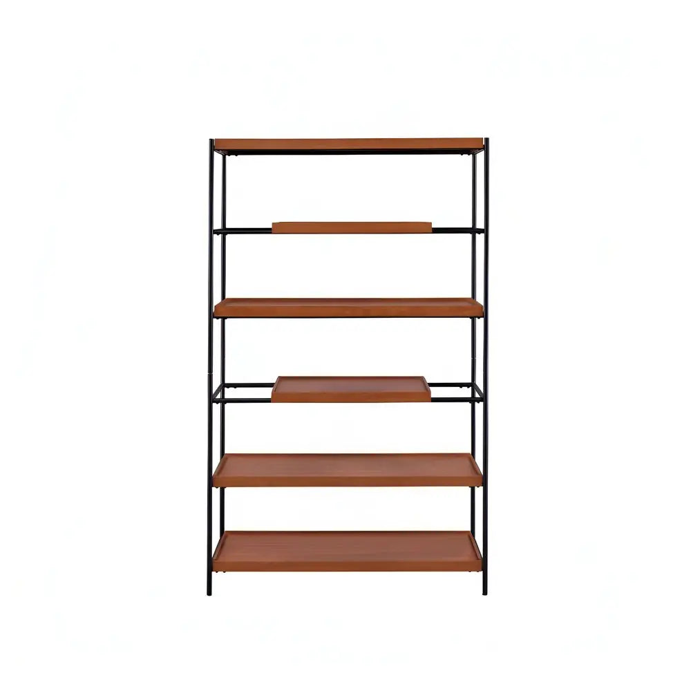 70" Oak And Black Metal and Wood Six Tier Etagere Bookcase - NOBLE HOME INTERIORS