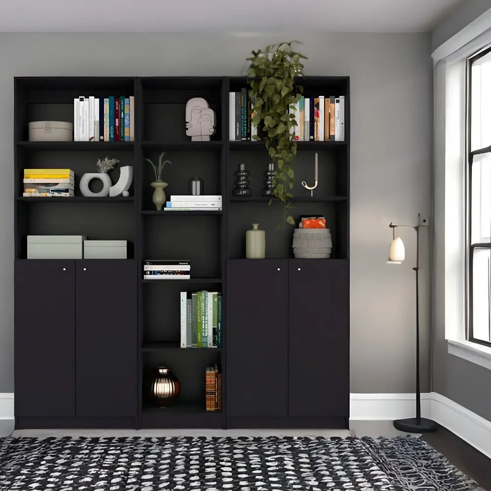 71" Black Five Tier Bookcase with Four Doors - NOBLE HOME INTERIORS