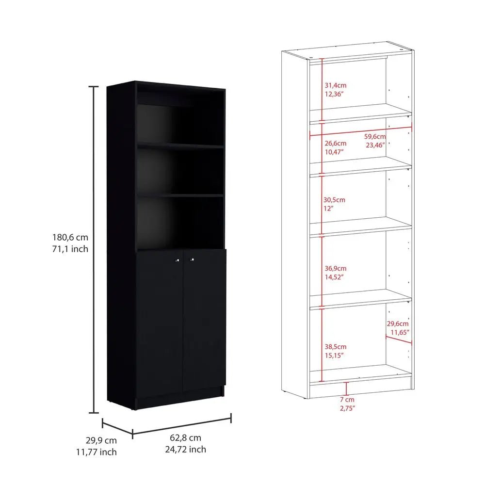 71" Black Five Tier Bookcase with Four Doors - NOBLE HOME INTERIORS