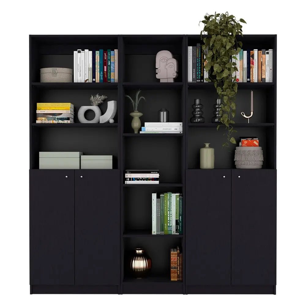71" Black Five Tier Bookcase with Four Doors - NOBLE HOME INTERIORS