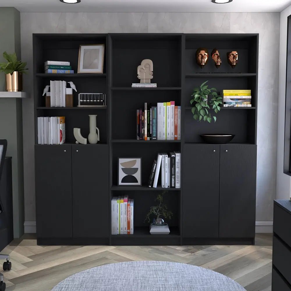 71" Black Five Tier Bookcase with Four doors - NOBLE HOME INTERIORS