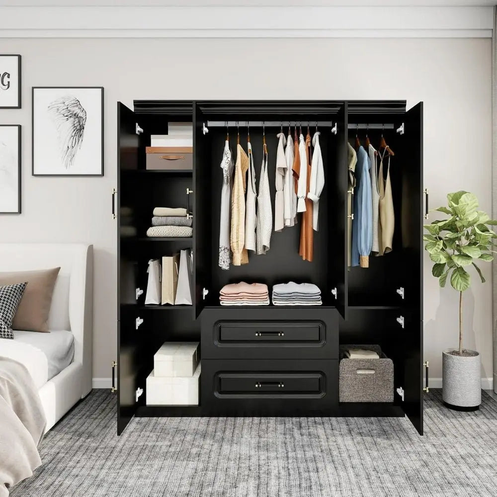 71" Black Wood Six Door Two Drawer Combo Dresser - NOBLE HOME INTERIORS