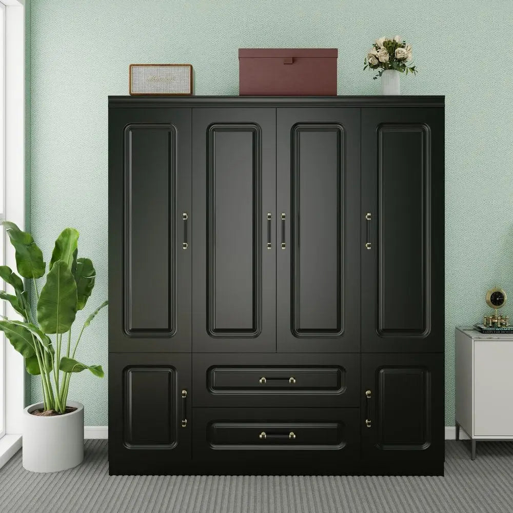 71" Black Wood Six Door Two Drawer Combo Dresser - NOBLE HOME INTERIORS