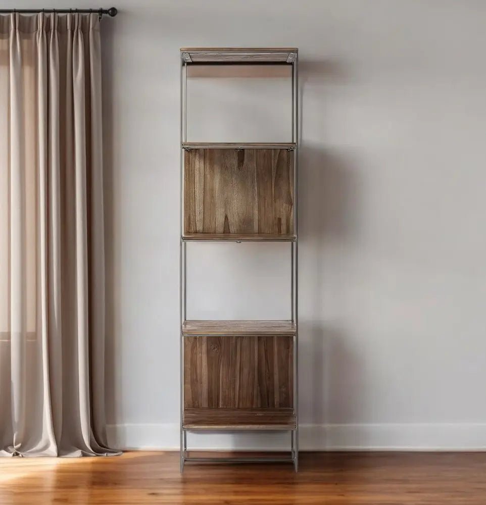 71" Brown And Silver Metal and Wood Four Tier Bookcase - NOBLE HOME INTERIORS