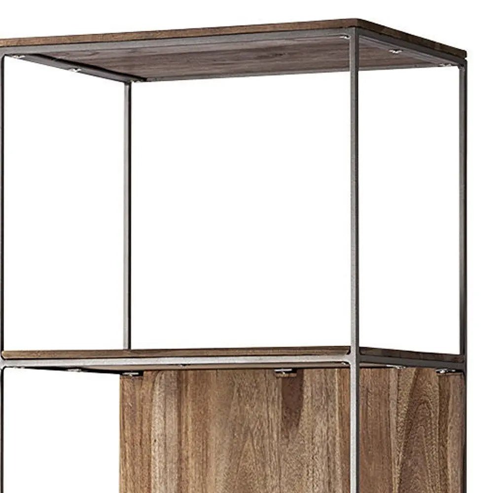 71" Brown And Silver Metal and Wood Four Tier Bookcase - NOBLE HOME INTERIORS