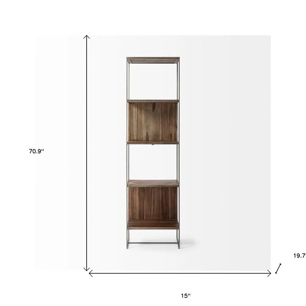 71" Brown And Silver Metal and Wood Four Tier Bookcase - NOBLE HOME INTERIORS